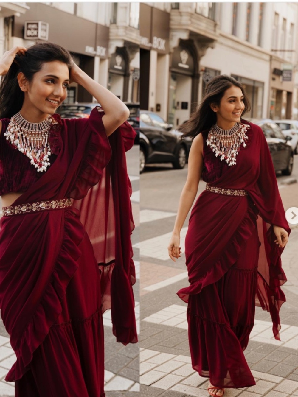 Wine Embroidered Ruffled Stitched Saree